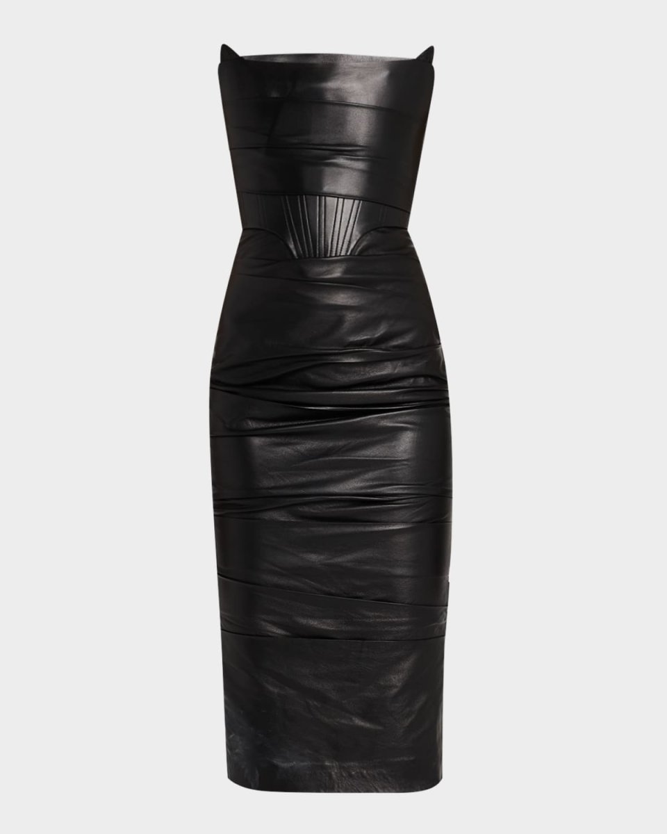 Strapless Leather Longline Corset Midi Dress